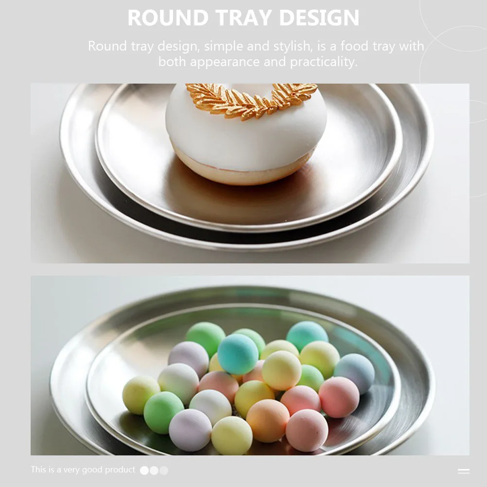 

1pc Stainless Steel Round Tray Food Grade Smooth Edge Cake Fruit Serving Plate For Bbq Household Use