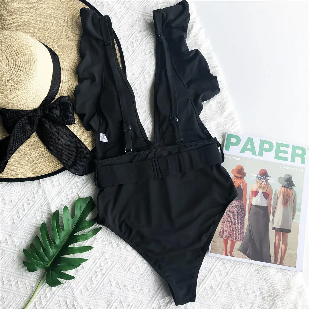 Weißer, sexy, geraffter, tief ausgeschnittener, einteiliger Badeanzug für Damen, Badebekleidung für Frauen mit Gürtel, Monokini, Badeanzug, Badebekleidung für Damen, V2198 – Detail 26