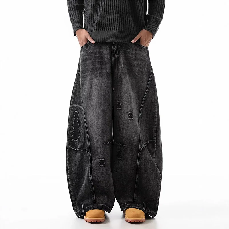 الكورية الرجعية زائد حجم ممزق الجينز الرجال واسعة الساق السراويل المنحنية المألوف عارضة فضفاض مستقيم الساق السراويل