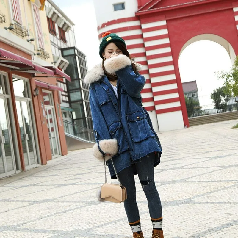 2023 New Fox Large Fur Collar Denim Long Down Jacket Women Thickened Fashion Slim Detachable Liner