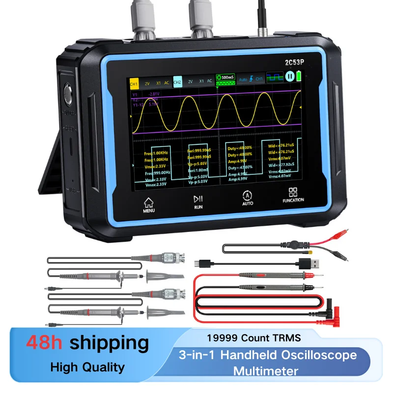 

2C53P 3in1 Handheld Oscilloscope Multimeter Signal Generator with 2 Channels 50Mhz Bandwidth 250MSa/s Sampling Rate, FNIRSI