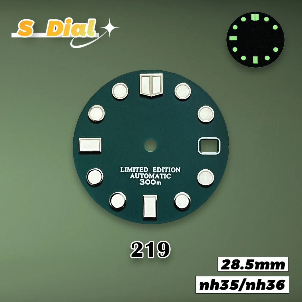 جديد 28.5 مللي متر S شعار NH35 موجة البحر مقياس السمك نمط الطلب صالح NH36/4R/7S اليابانية حركة الأخضر مضيئة ساعة اكسسوارات #5