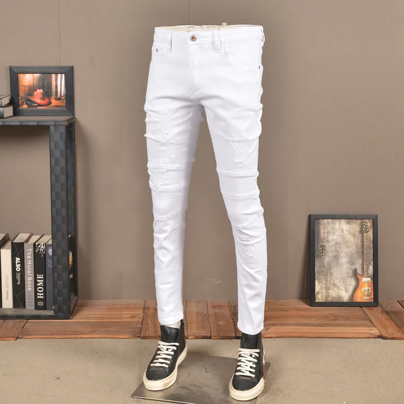 y2kFashionable new men's jeans stretch slim fit washed nostalgic white jeans hip-hop brand high-quality pants hombre