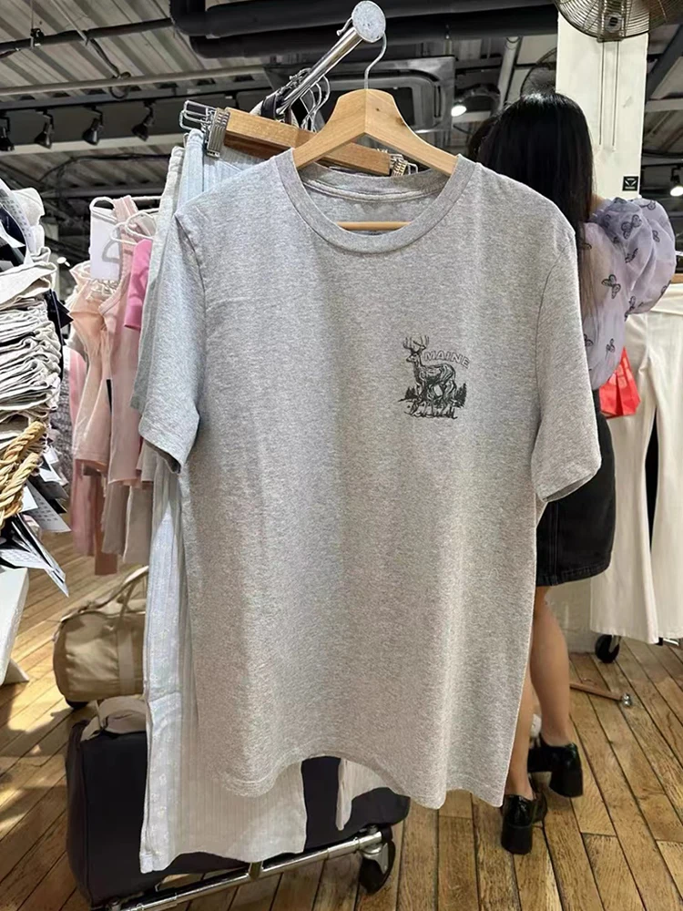 Green Deer Print Casual T-shirts Women Summer O-Neck Cotton Loose Short Sleeve Tees American Vintage Streetwear Gray T Shirt Y2k