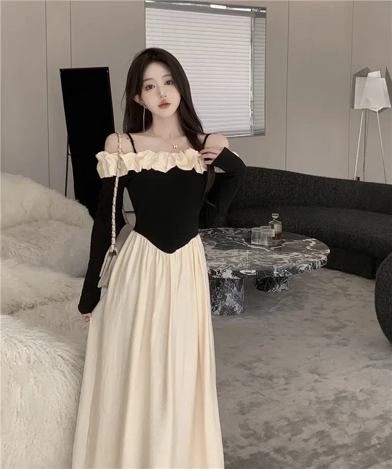 

Women Party Full Dresses Ruffles Long Sleeve Slash Neck Off Shoulder Dresses Sexy Boho Beach Maxi Dress Y2k Summer Vestido