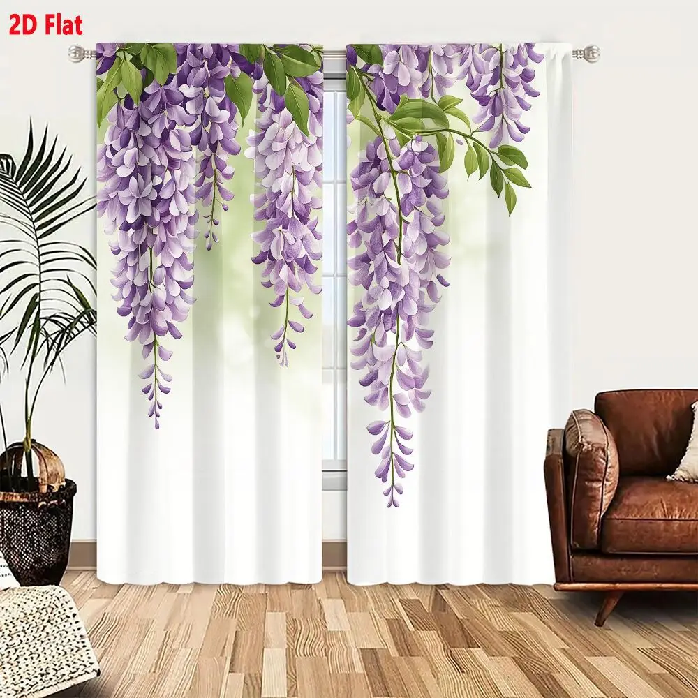 2Pcs Curtains 2D Flat Wisteria Flowers Botanical Illustration With Purple Blossoms And Green Leaves Window Drapes for Bedroom Ro