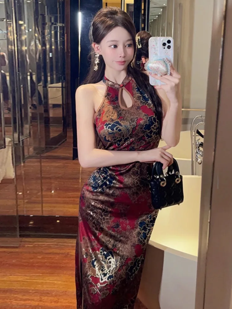 Kimotimo Party Dress Women New Chinese Halter Printed Split Wrapped Qipao Dresses Vintage Sexy Slim Sleeveless Evening Vestidos