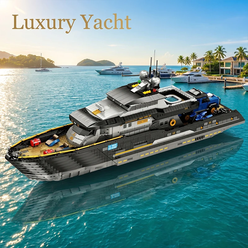4421 Teile Luxusyacht Klemmbausteine Set Moderne Superyacht Modell mit Deckdetails, Whirlpool & Mini Fahrzeug Bewegliche Teile Sammelobjekt für Erwachsene Nautische DIY-Montage-Bausteine Spielzeug