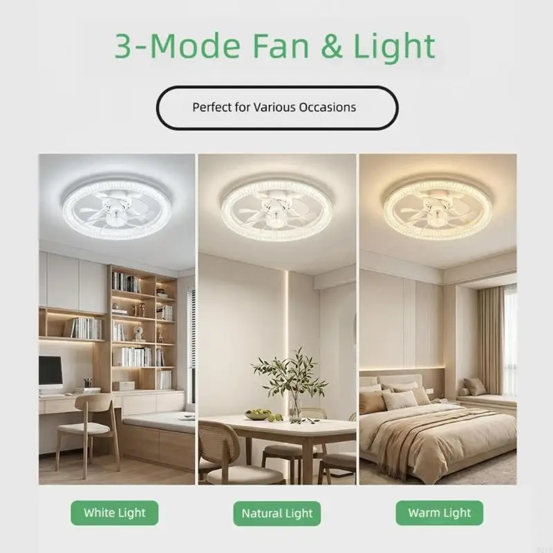 Living Area Fan Light Fixture E27 Screw Base, 3 Light Crystal Lamp With Detachable Head and Remote Operation for Home Use