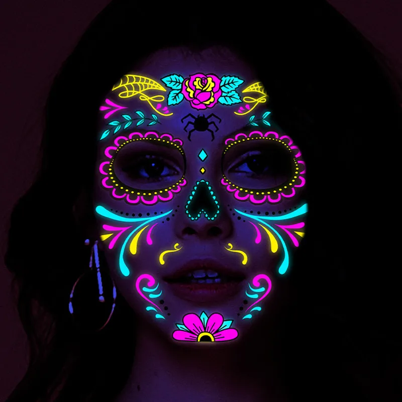 Halloween Fluorescent Mask Funny Horror Temporary Makeup Dance Death Spirit Face Tattoo Stickers Women Masquerade Cosplay Props