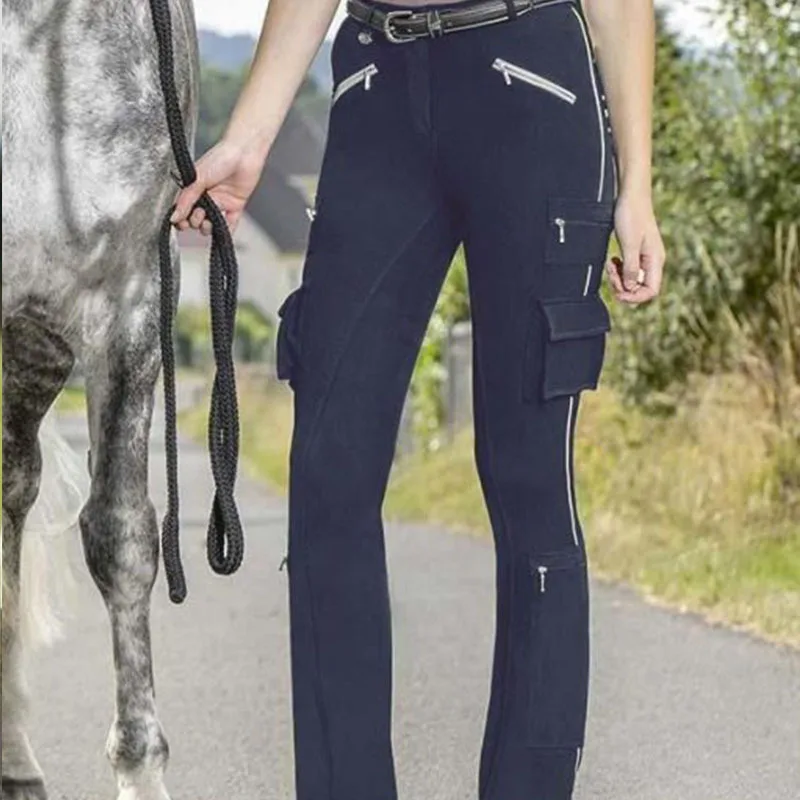 New European and American Women's Multi Pocket Oblique Zipper Slim Hip Lifting Elastic Casual Equestrian Breeches