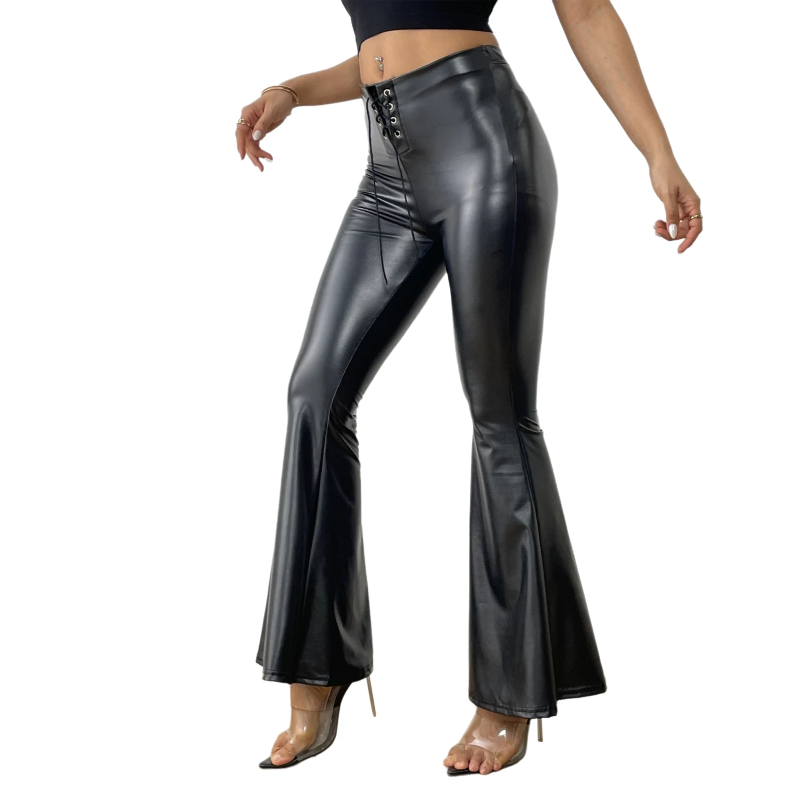 Damen-Hose aus Kunstleder mit Schlaghose, modische Schnürung vorne, elastischer Bund, Schlaghose für Party, Straße, Alltag