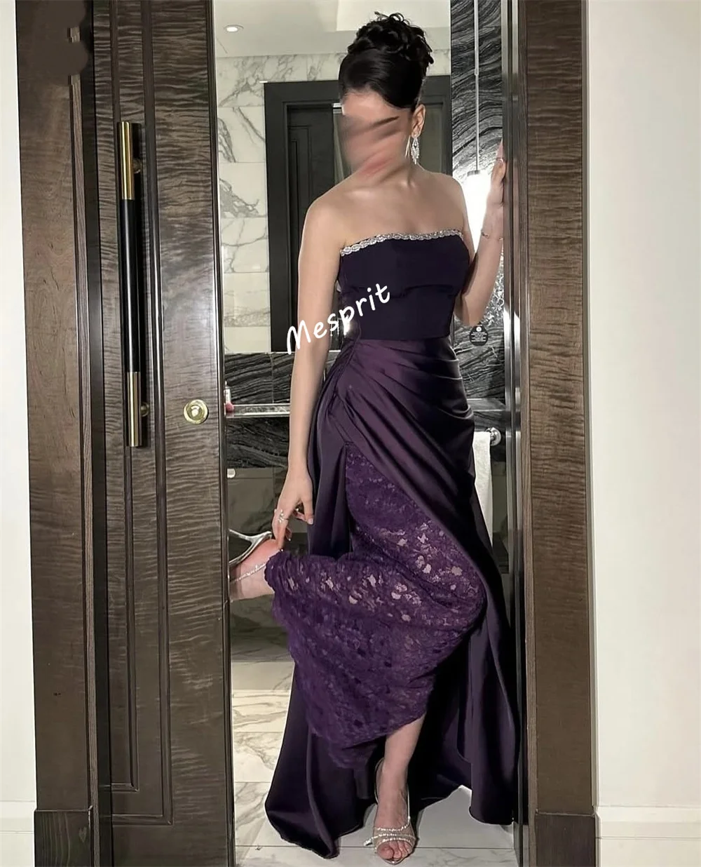 Sukienki na zamówienie z charmeuse, koronką, dżetami, bez ramiączek, o kroju litery A, długie, wysokiej jakości, eleganckie, damskie, w kolorze fioletowym, na specjalne okazje, na wieczorne przyjęcia.