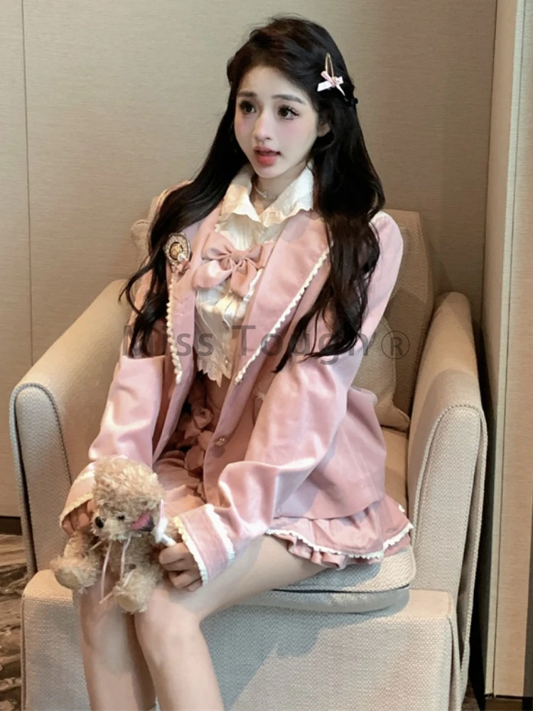 Pink Elegant Preppy Style 3 Piece Set Women Bow Korean Style Sweet Mini Skirt Female Cute Coat+Casual Vest+Chic Mini Skirt 2023