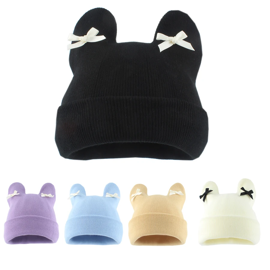

New Winter Knitted Beanie Hat For Women Girls Cat Ears Cute Hats Sweet Bowknot Skullies Siold Color Warm Cap Pullover Bonnet