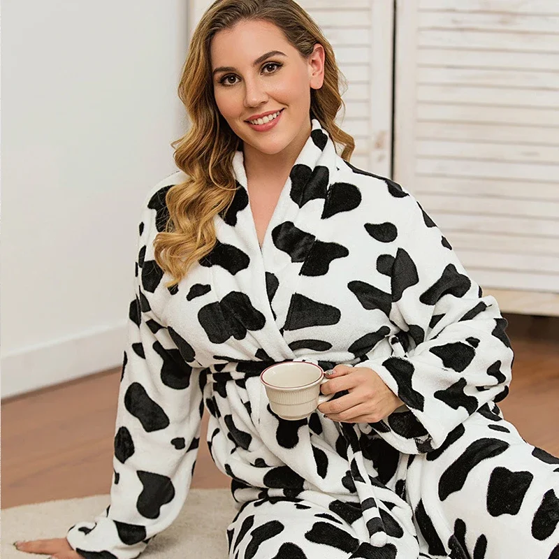 Plus Size 5XL women's Robe Winter Thick Warm Nightdress Nightgown Printed Cow Kimono Bathrobe Gown Flannel Sleepwear Home Dress