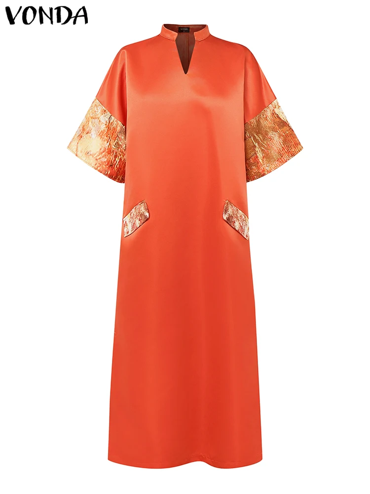 VONDA Sukienka Maxi w stylu bohemy Damska Letnia Sukienka na Ramiączkach Satynowa Jedwabna Krótki Rękaw Imprezowa Vestidos 2025 Vintage Dekolt w Serek Jednolity Kolor Szata