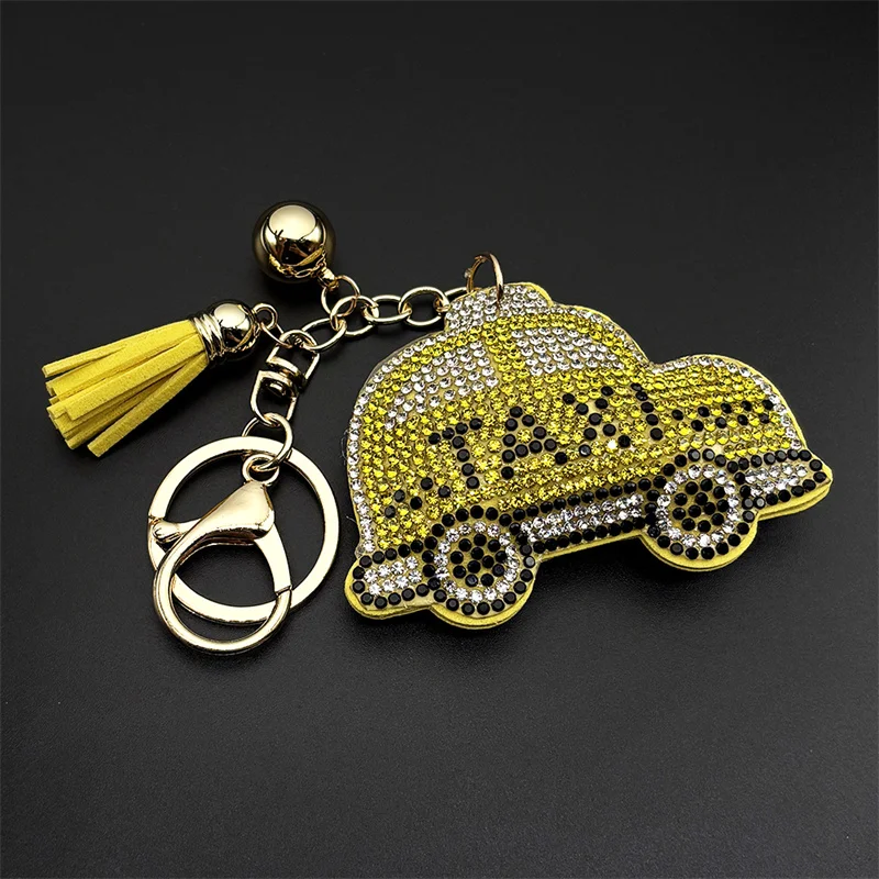 Yellow Cartoon Car Taxi Keyring For Women Men Full Shine Crystal Rhinstone Female Cute Lovely Bag Pendant Hanging Jewelry Gifts