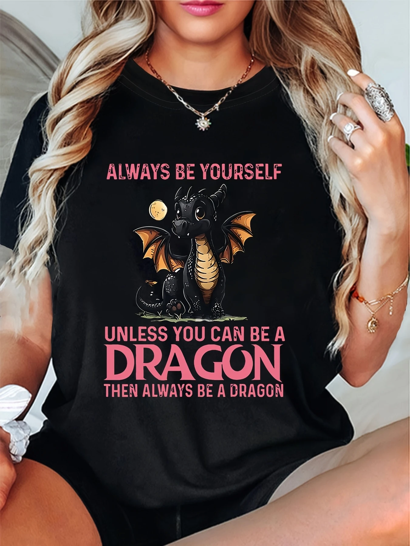 “Always Be Yourself Unless You Can Be A Dragon” Women’s Short-Sleeve Crew-Neck T-Shirt with Fun Dragon Graphic