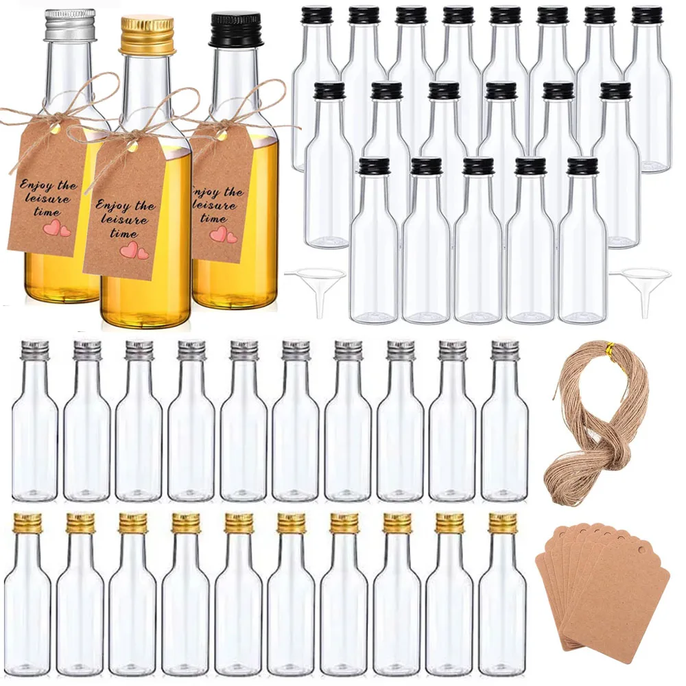 Juego de Mini Botellas de Licor de 10/30/50/100 Piezas, Botellas de Plástico de 1.7 oz para Bebidas Espirituosas, Tapas Negras/Plateadas/Doradas, Botellas para Shots de Alcohol, Botellas para Jugo