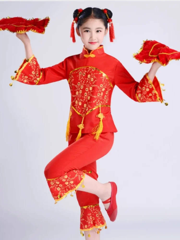 Traje yangko vermelho para crianças trajes de palco clássico guarda-chuva fã roupas de dança nacional hanfu yangko dança wear