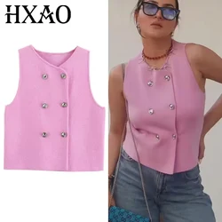 HXAO Sweater Lady Vests Sleeveless Pink Knitted Vest For Women Fall Round Neck Short Sweaters Vests Elegant Knit Vests Woman
