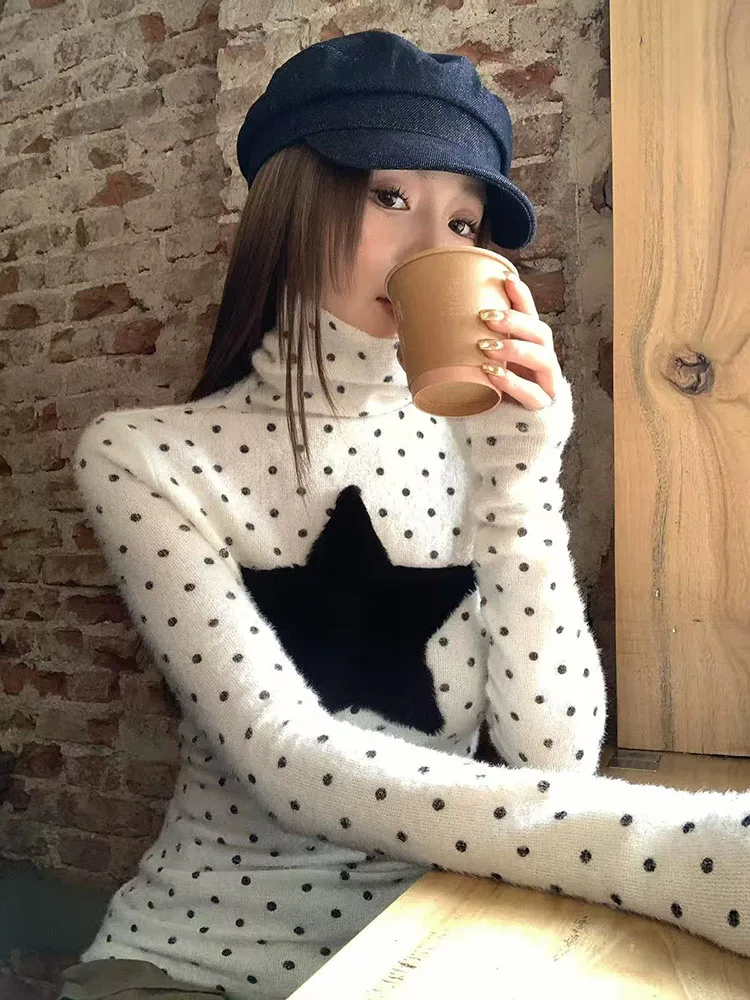 Autumn Turtleneck Polka Dot T Shirts Women Harajuku Star Patchwork Slim Tees Y2K Aesthetic Sweet Preppy Warm Base Tees Female