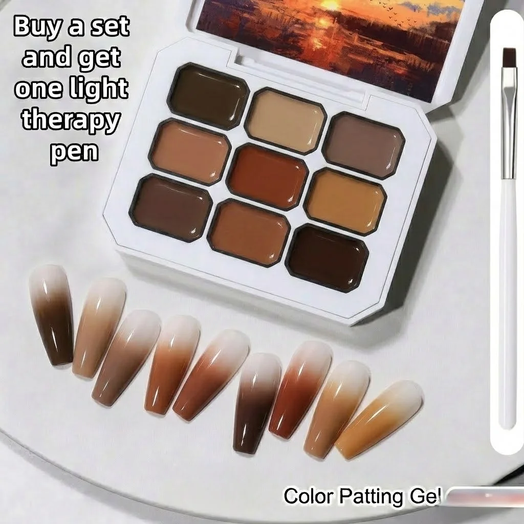 9 Farbtöne Retro Karamellbraun Solid Cream Gel Palette Sonnenuntergang Ölgemälde UV Soak Off Gel mit kostenlosem Nagelpinsel für Herbst-Winter Nagelstudio – Detail 1