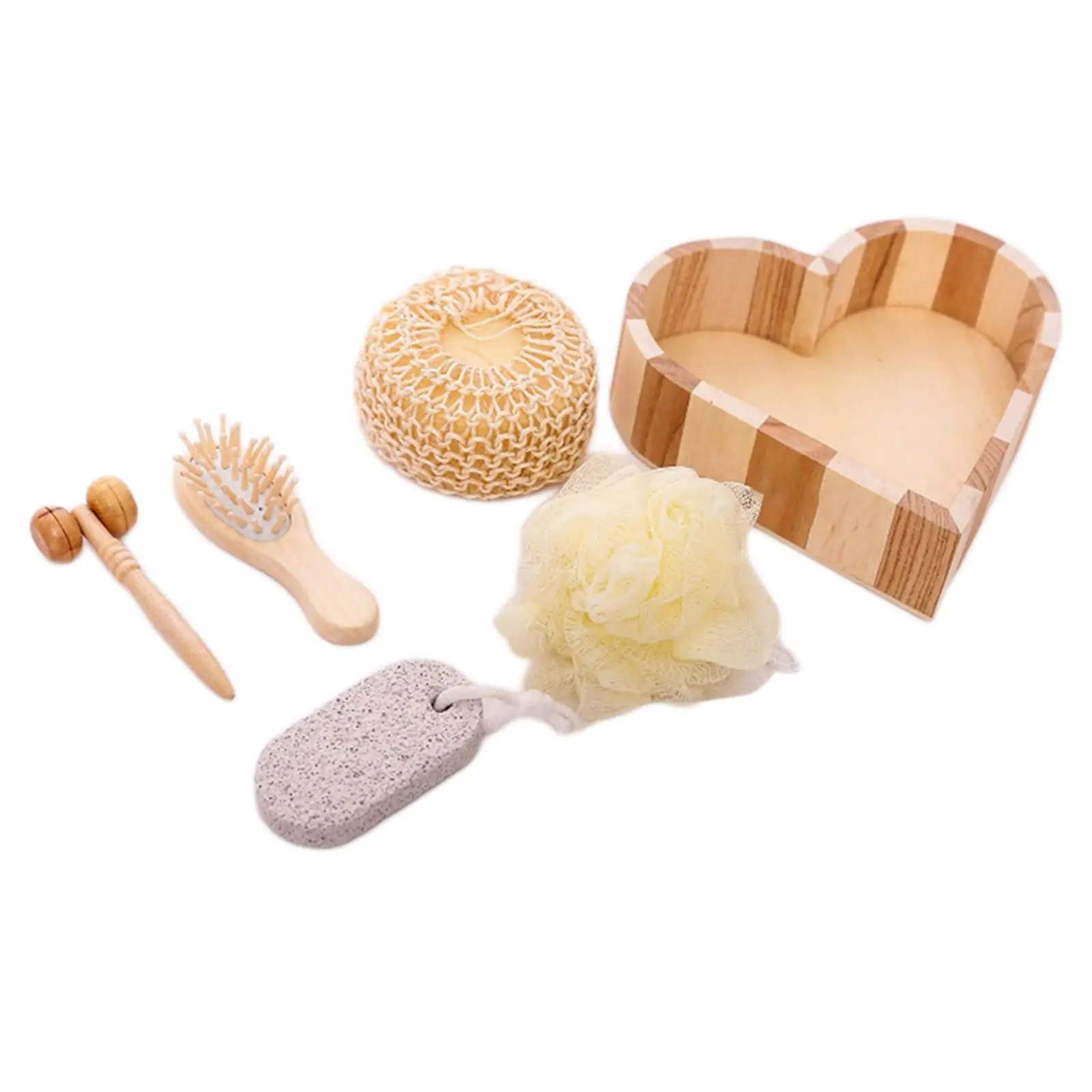 5x Bath Set with Accessories Pumice Stone Hair Brush in Heart Wooden Box Sponge