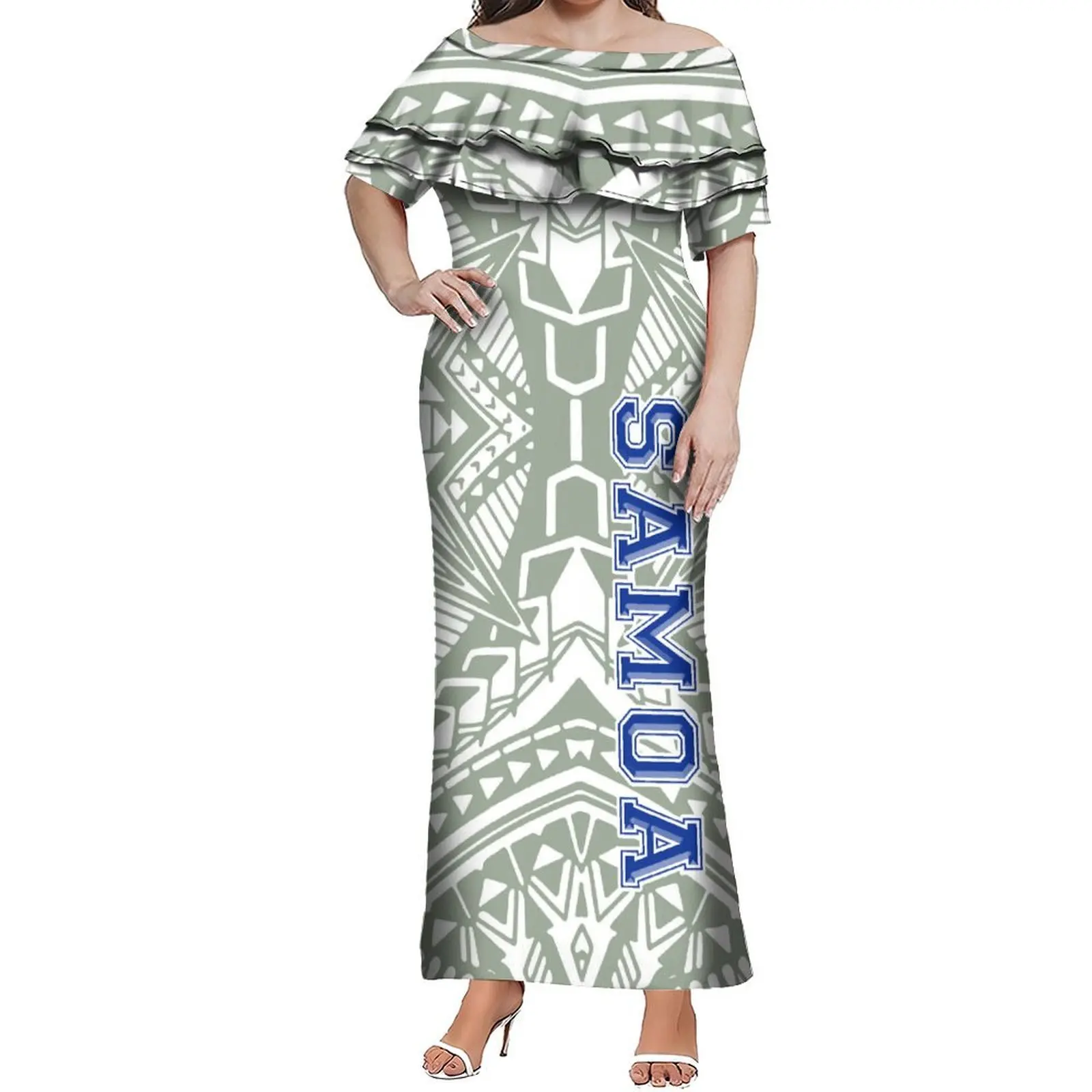 

Fashion Custom Text: Polynesian One-Shoulder Double-Layered Lotus Leaf Women'S Dress Samoan Slim-Fitting Long Dress