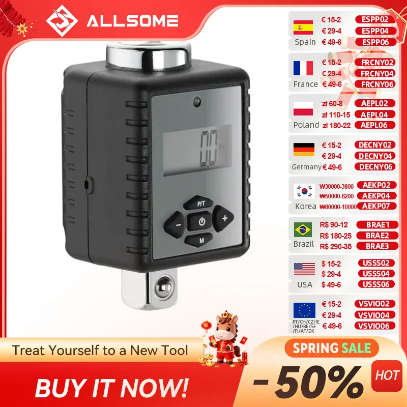

ALLSOME Digital Torque Wrench 1/2" 2- 200Nm Adjustable Professional Electronic Torque Wrench Bike Car Repair HT2680-2685