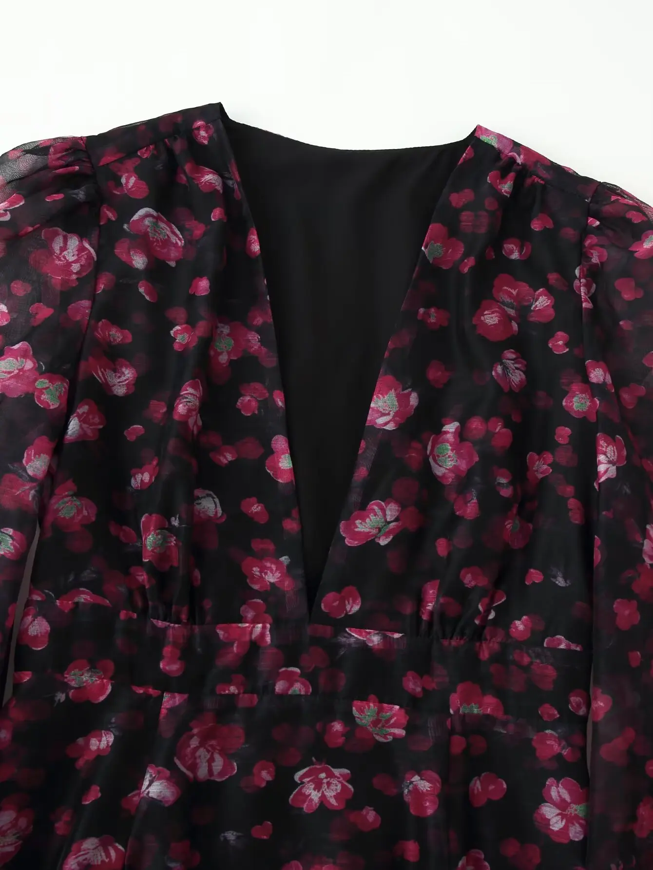 TFMLN Elegantes Damenkleid mit Blumenmuster und Rüschensaum, sexy tiefem V-Ausschnitt, ausgestellten Ärmeln, figurbetontes Minikleid, Sommer 2026 Neuheiten für Damen – Detail 4
