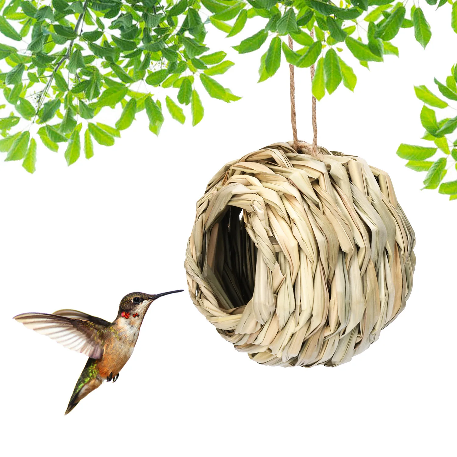 Nido de pájaros de hierba, jaula decorativa para exteriores, casa de pájaros tejida colgante, nido para loros, dormitorio para mascotas