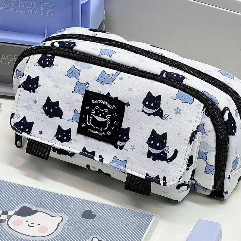 Cartoon Cute Snowy Cat Printing Pen Case Large Capacity Organizer Multi-functional Stationery Storage Bag Portable Pen Bag