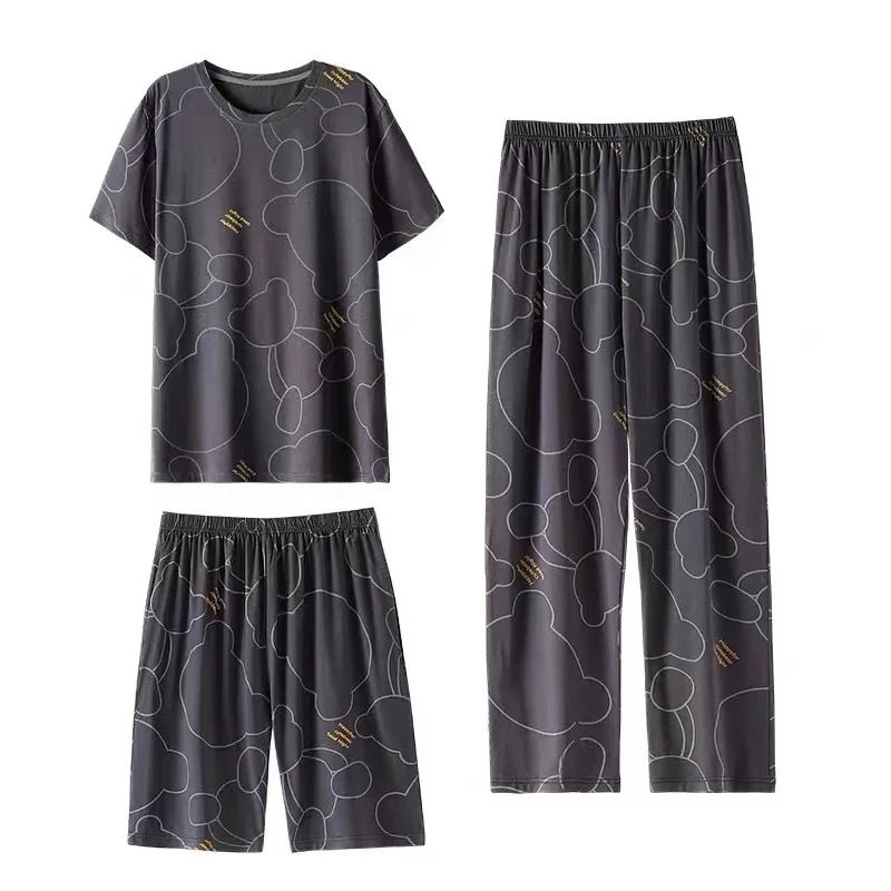 Long Pants+Short Sleeve Tops+Shorts 3Pcs/set Men Pajamas Sets Fashion Print Nightwear Summer Pyjamas Male Modal Cotton Sleepwear