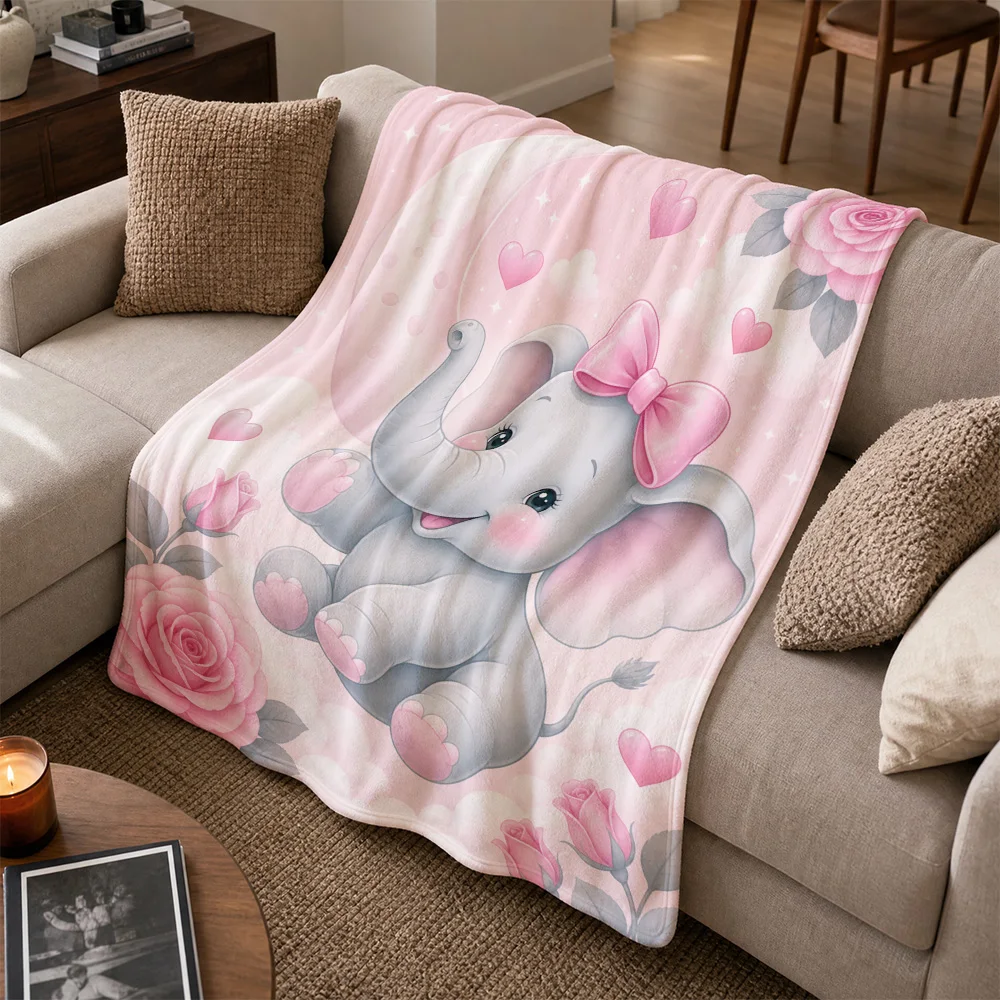Cute Elephant Pink Rose Throw Blanket Sofa Cover Lap Blanket Baby Shower Gift Nursery Decor Flannel Fleece
