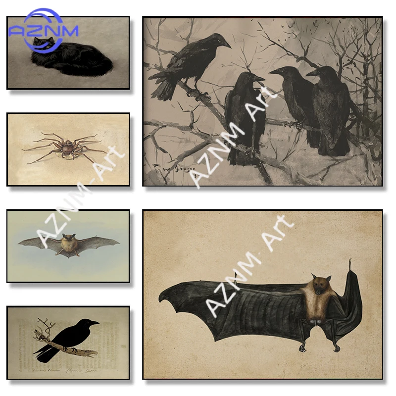 Vintage Spinnen-, Fledermaus-, Raben-, Motten- und Schmetterlings-Gothic-Kunstposter, Leinwanddrucke, Wandbilder, Dark Academia Dekoration