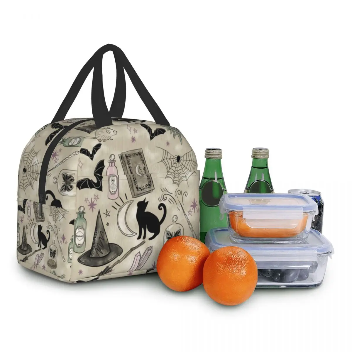 Thermoisolierte Lunchtasche mit Hexen- und Katzenmuster, für Damen, Halloween, Hexe, tragbare Lunchbox für Camping, Reisen, Aufbewahrung von Lebensmitteln