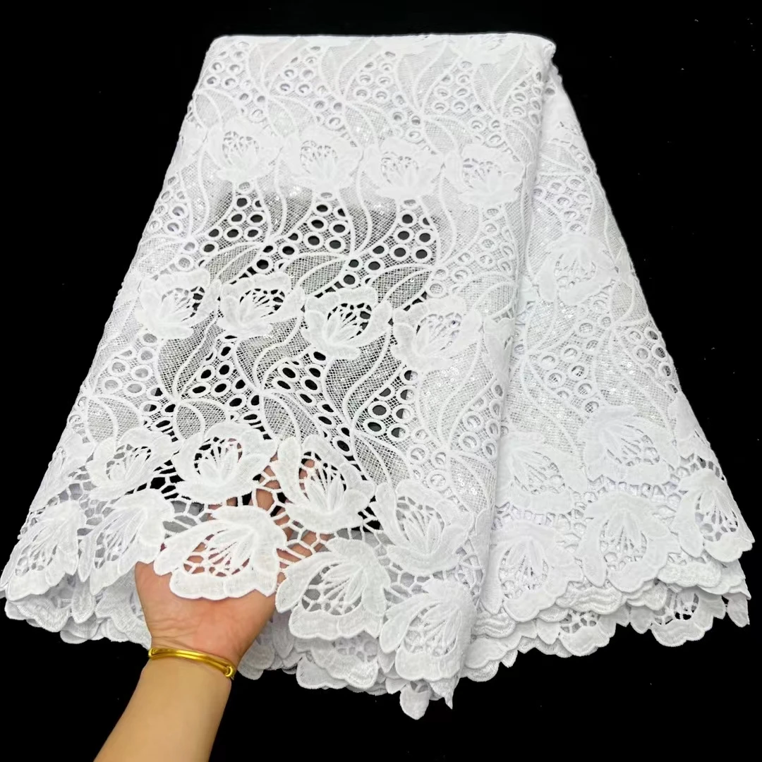 

2023 High Quality Latest White African Guipure Cord Lace Fabric Nigerian Water Soluble Lace Fabric For Party Dress Sewing KR2347