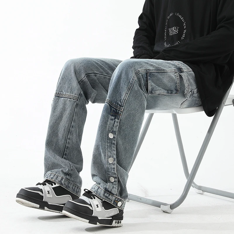 

Casual Loose Straight Leg Men's Workwear Denim Jeans High Street Button Design American Functional Trendy Long Pants