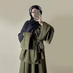 Dubai Abayas Women Turkey Elegant Fashion Casual Dress Muslim Suits Islam Clothing Women's Two Pieces Set Tops And Skirt Female