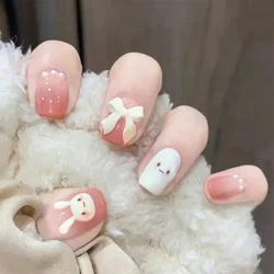 24 Stuks Konijnenontwerp Valse Nagels Tips Schattige Korte Pers Op Nail Art Volledige Dekking Herbruikbare Nepnagels Met Accessoires En Gereedschap