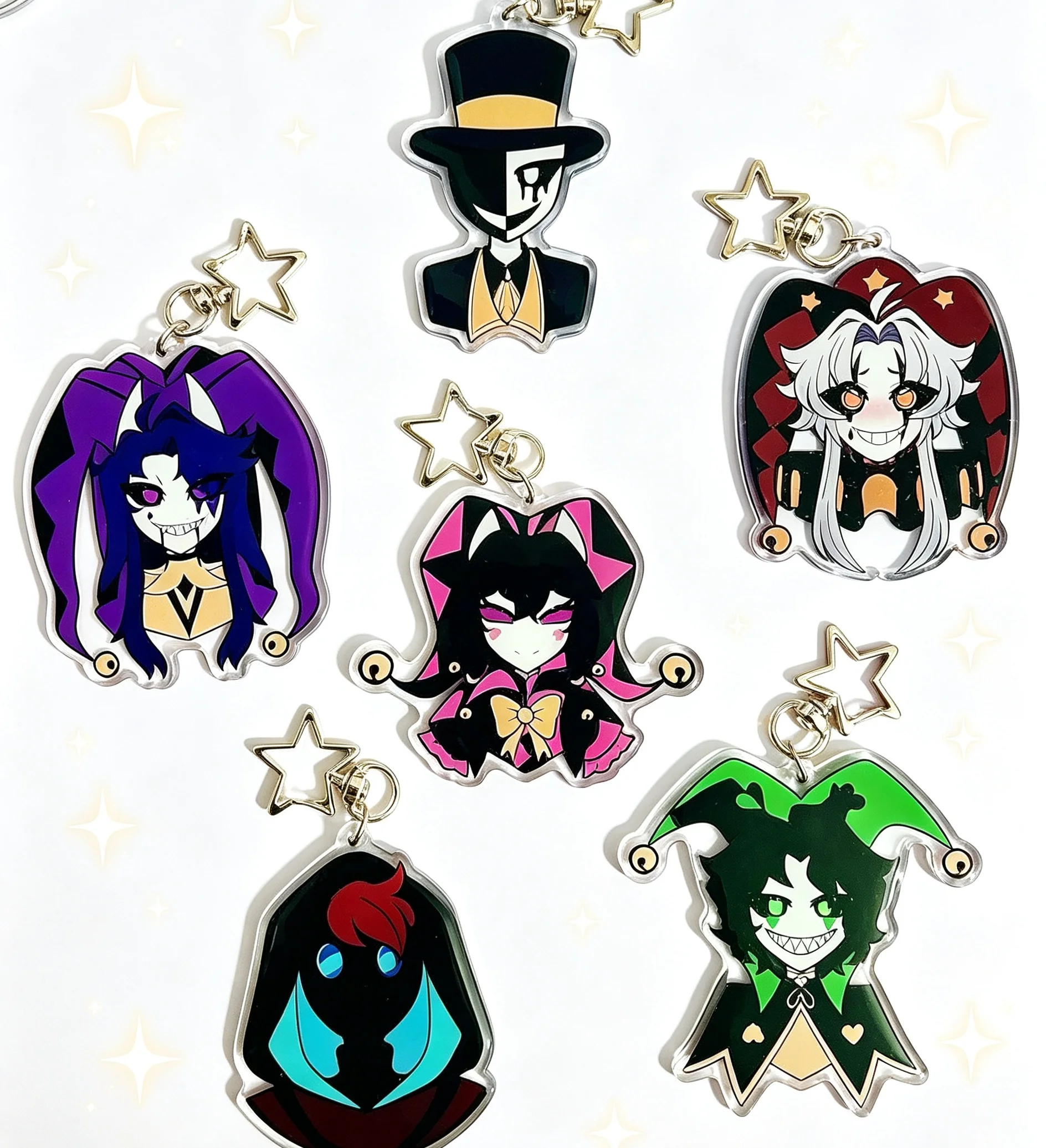 Cute Freak Anime Game Pierrot and Harlequin Circus acrylic Keychain Ring Keys Chain Keyring Backpacks Decor Pendant