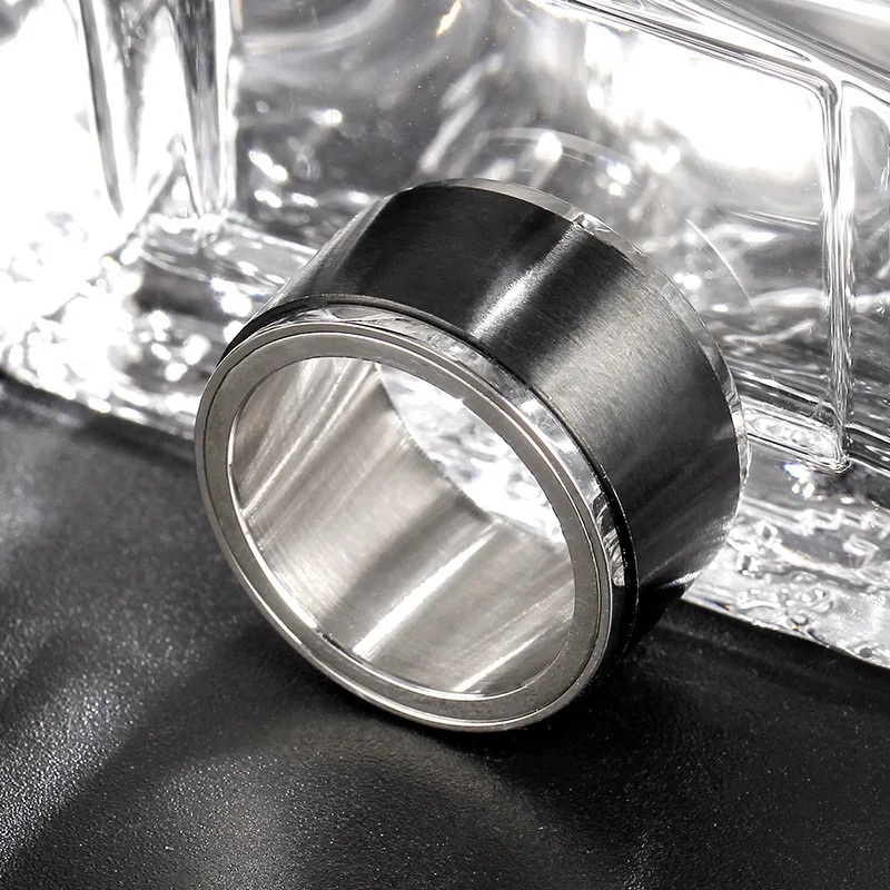 Ultra Wide Spinner Ring for Men Anti-Stress Anxiety Fidget Rotating Rings Black Silver Color Stainless Steel Spinning Ring