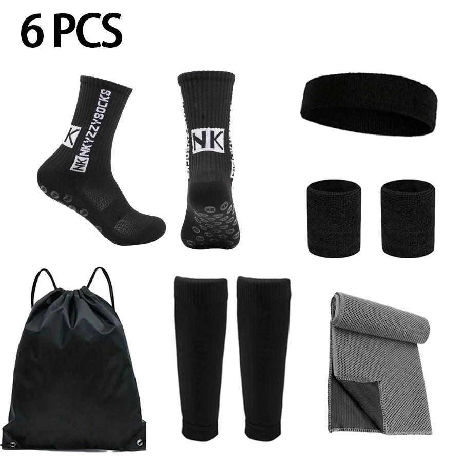 

6 шт. набор, сумки для мячей на шнурке, футбольные носки, чехлы для носков, спортивные полотенца, тренировочные браслеты, повязки на голову, носки, бинты