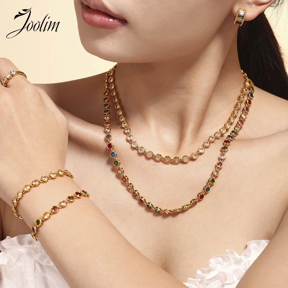 

Joolim Jewelry Wholesale Waterproof Luxury Fashion Dainty Colorful Round Zirconia Pave Chain Stainless Steel Necklace for Women