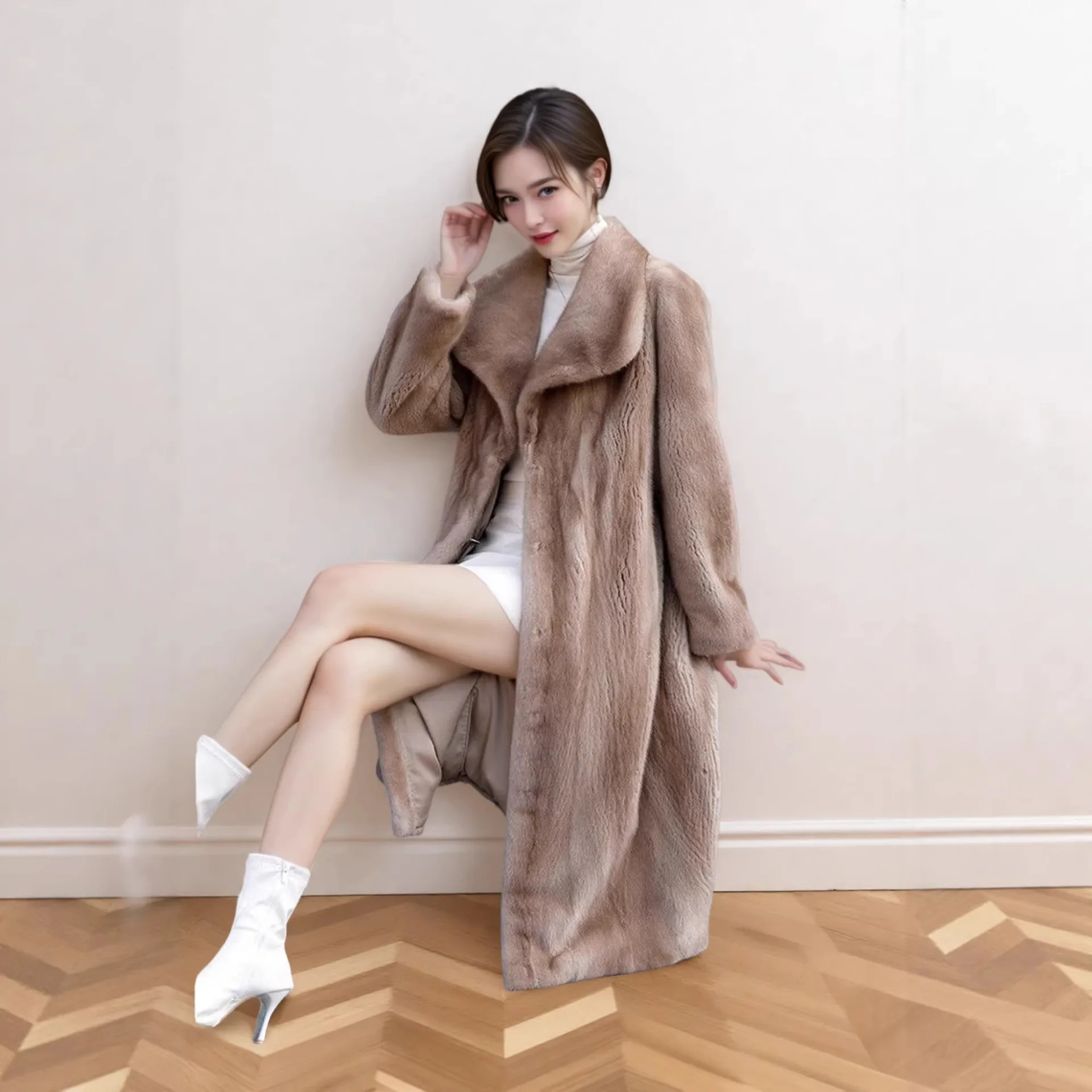 Women's Light Brown Lapel Faux Mink Fur Long Coat Loose Warm Luxury Retro Winter Outerwear 2026