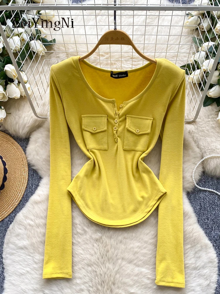 Beiyingni Sexy O-Collo Manica Lunga T-Shirt Donna Tinta Unita Bottoni Sottili Casual Stile Coreano T-Shirt Femminili Y2K Caffè Magliette e camicette