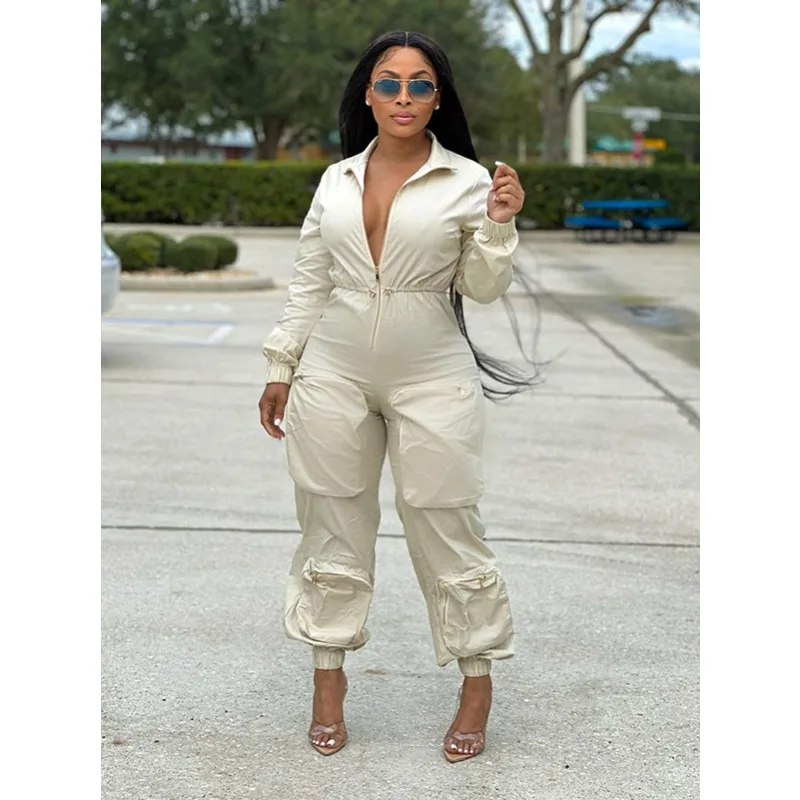 

Krisnanas Woman Long Jumpsuits 2025 Safari Style Zipper More Pockets Long Sleeve Elastic Waist Sporty Bodycon Jumpsuit 117930