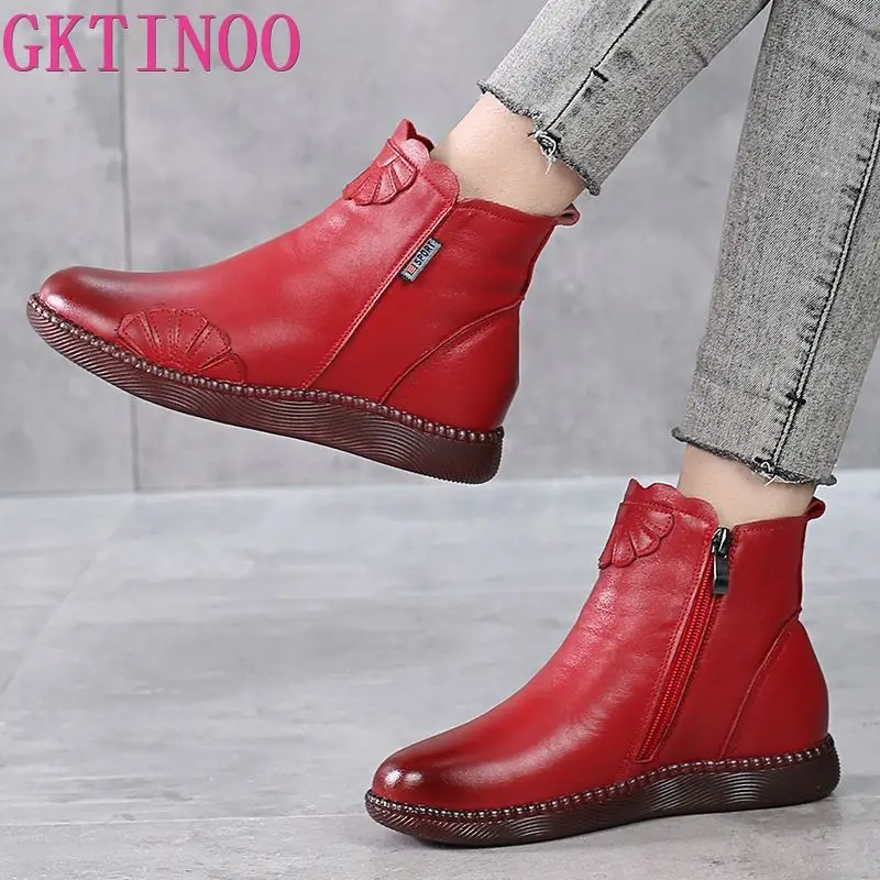 GKTINOO 2024 Winter Genuine Leather Ankle Boots Handmade Lady Soft Flat Shoes Comfortable Casual Moccasins Side Zip Ankle Boots